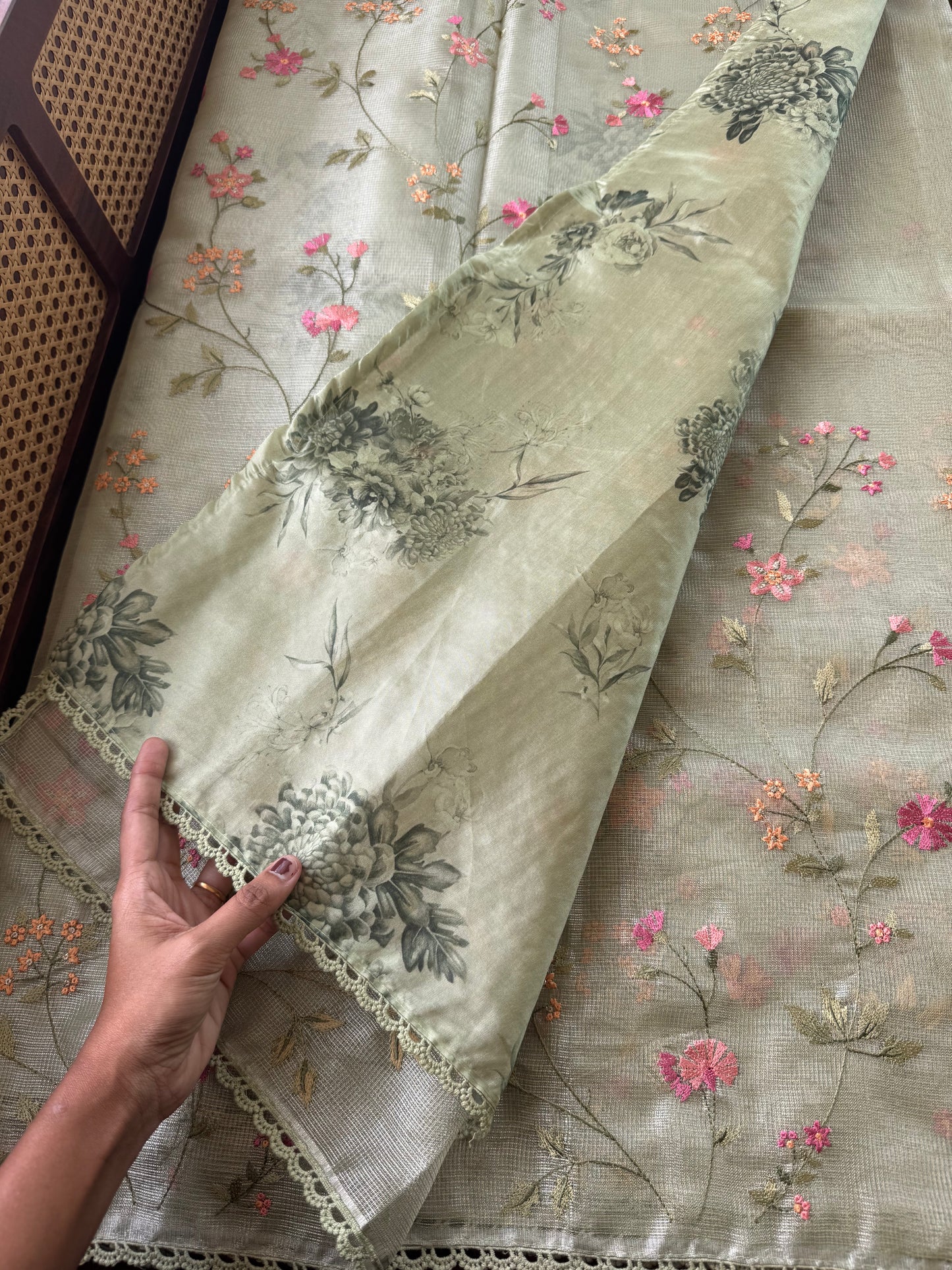 Floral Tissue Saree - Green