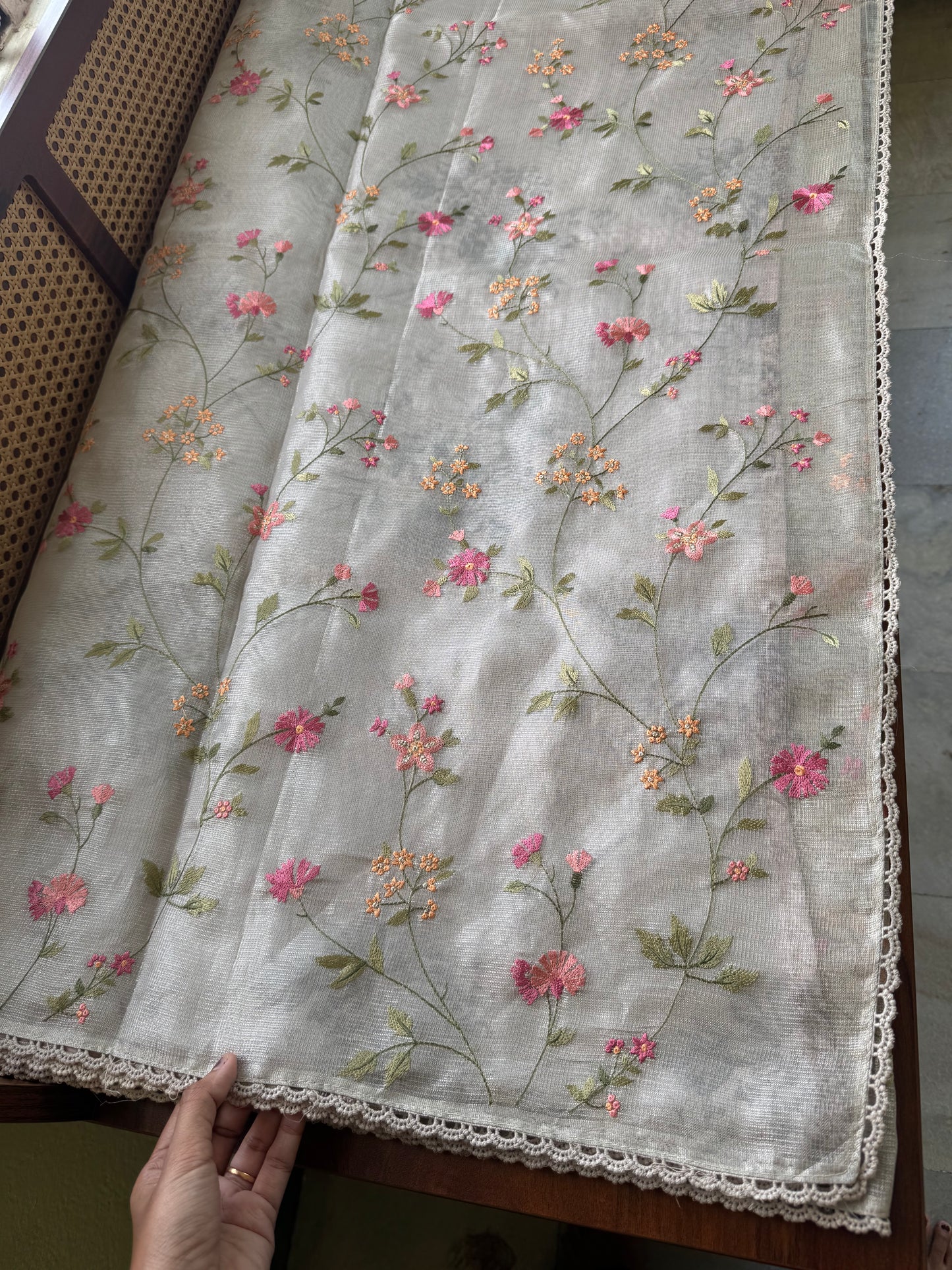 Floral Tissue Saree - Silver Grey
