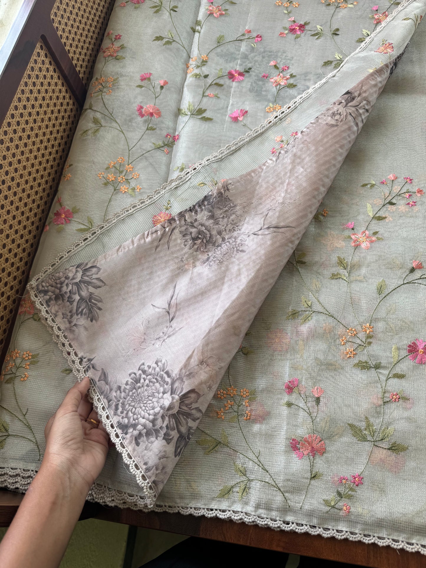 Floral Tissue Saree - Silver Grey