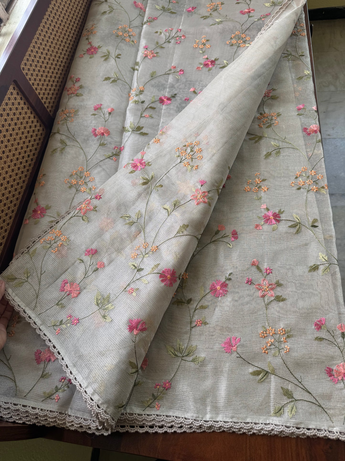 Floral Tissue Saree - Silver Grey