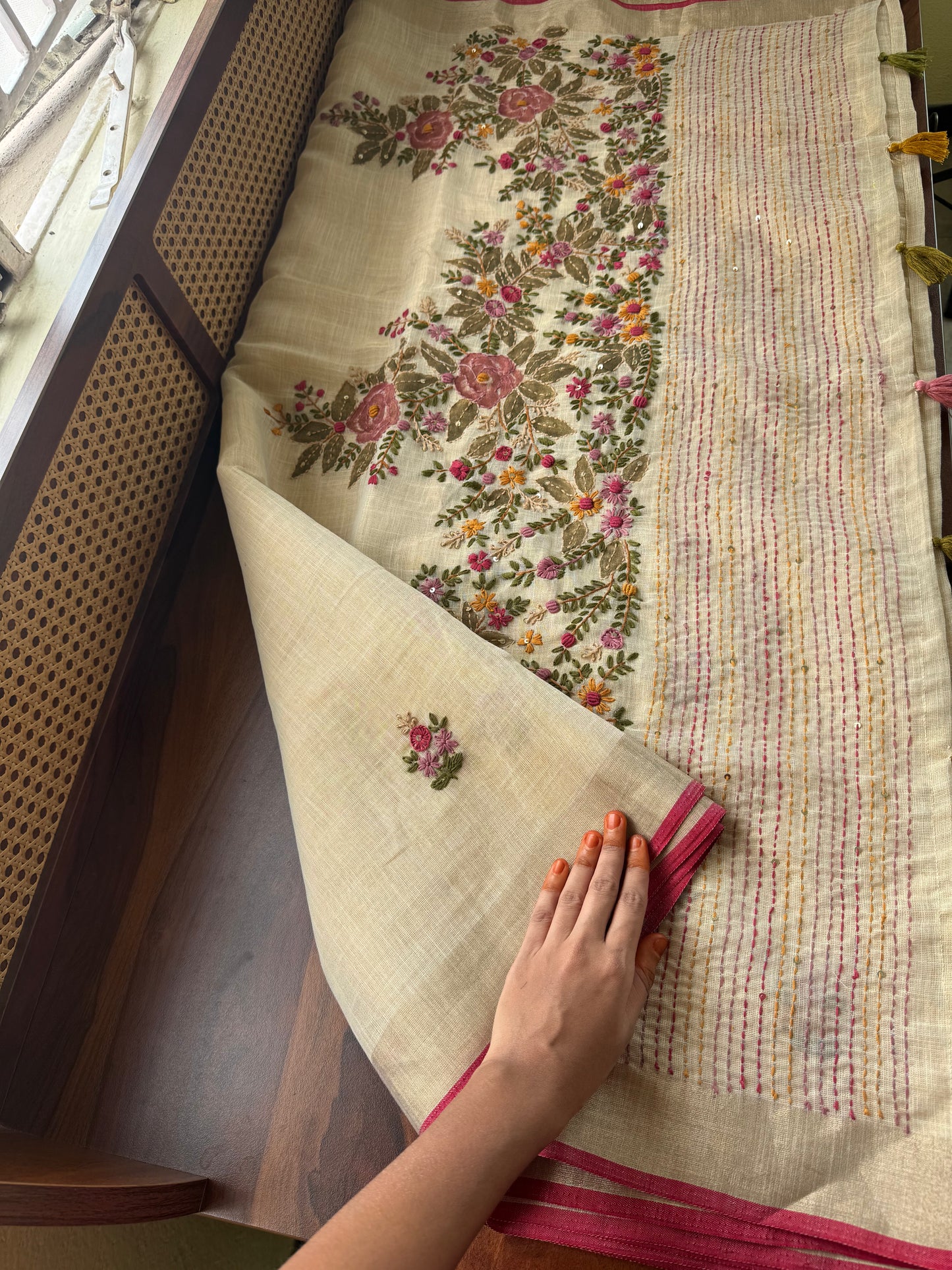 Premium Tissue Linen Sarees - Golden beige & Pink