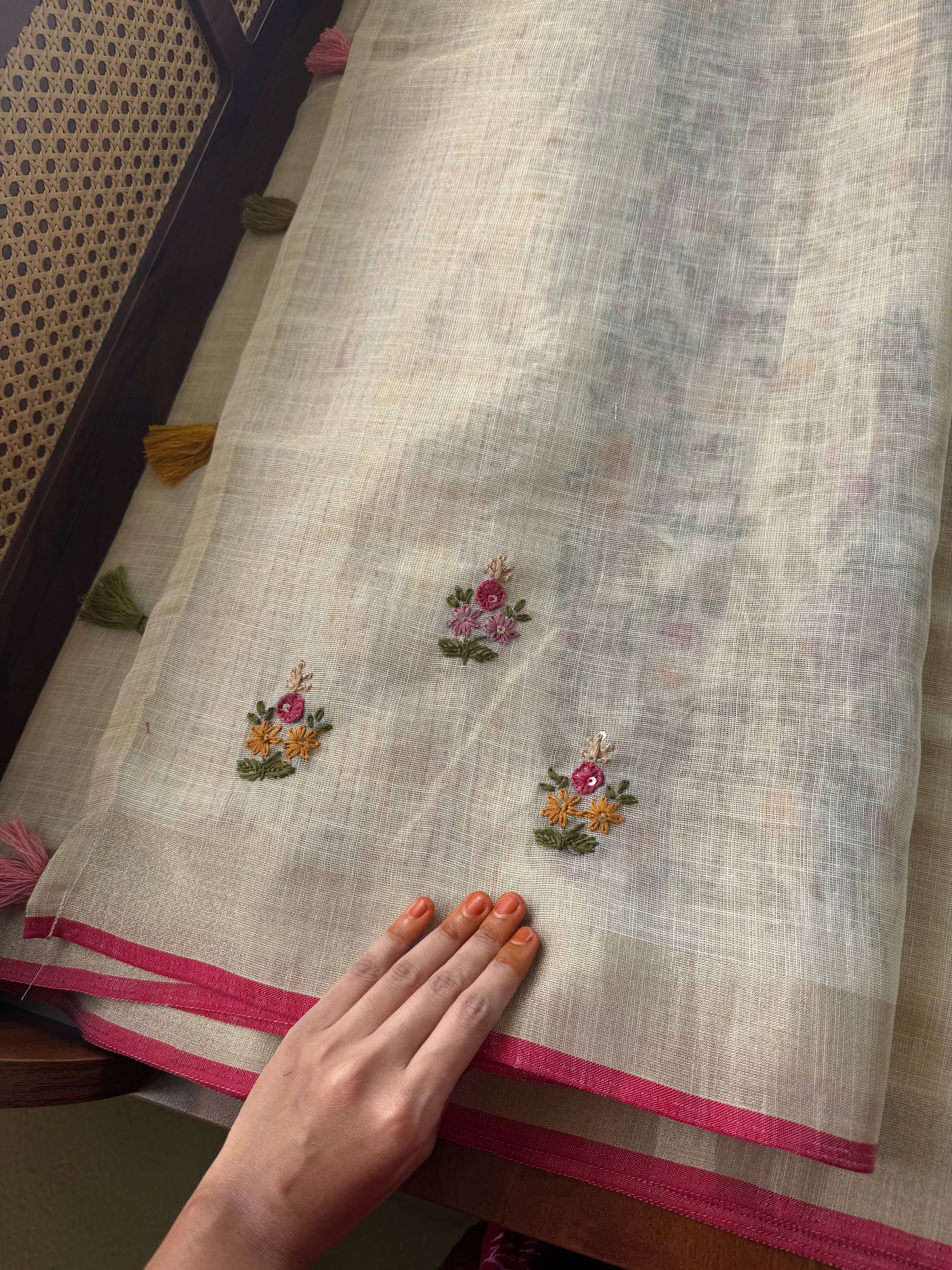 Premium Tissue Linen Sarees - Golden beige & Pink