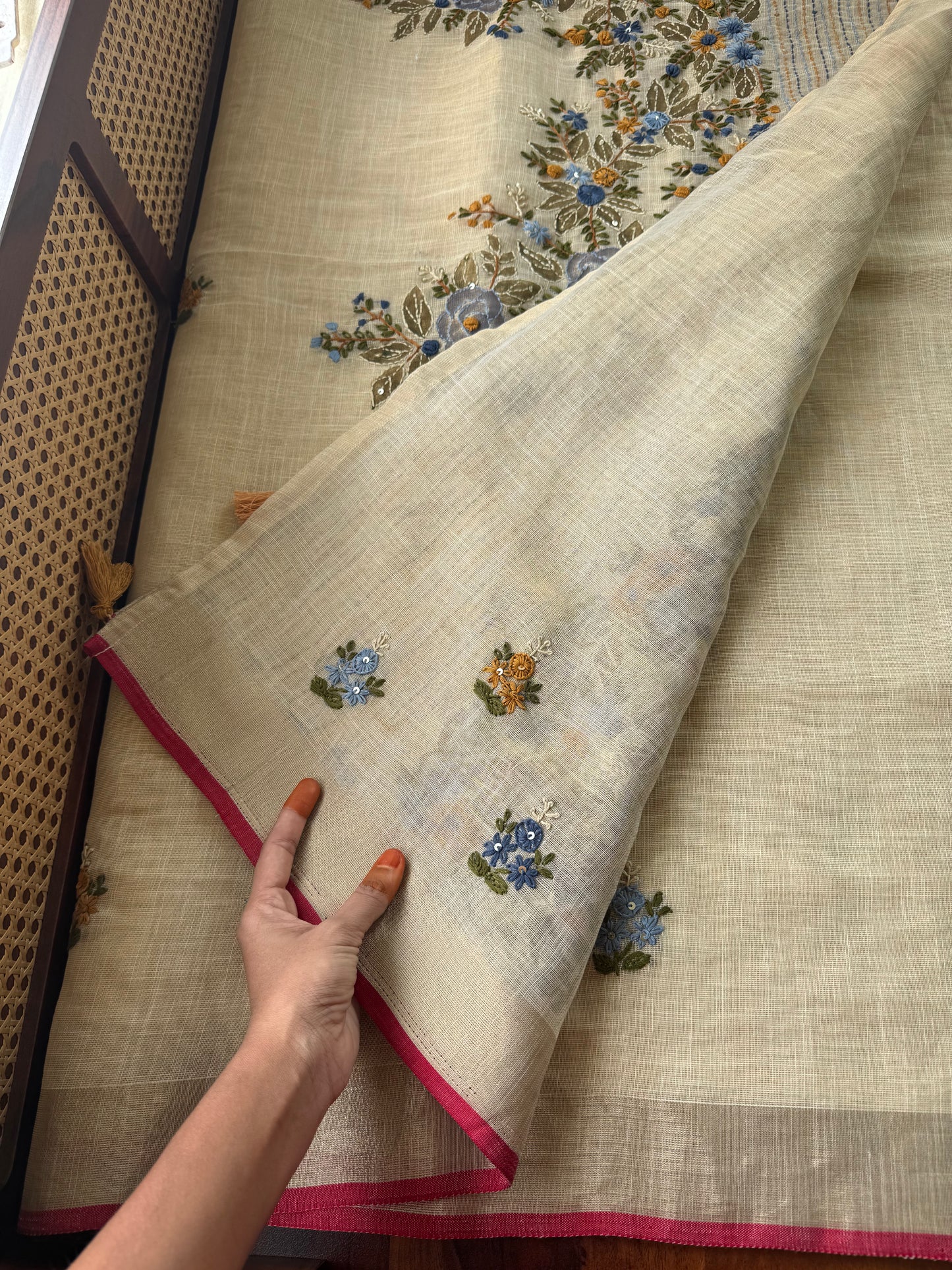 Premium Tissue Linen Sarees - Golden beige & Blue