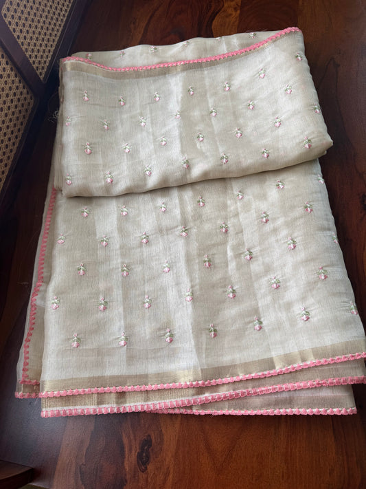 Mul Chanderi Tissue Saree - Cream & Peach White