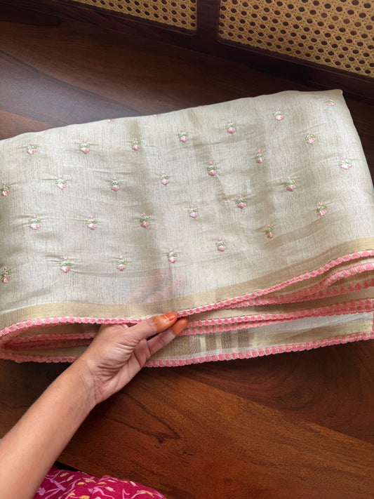 Mul Chanderi Tissue Saree - Cream & Peach White