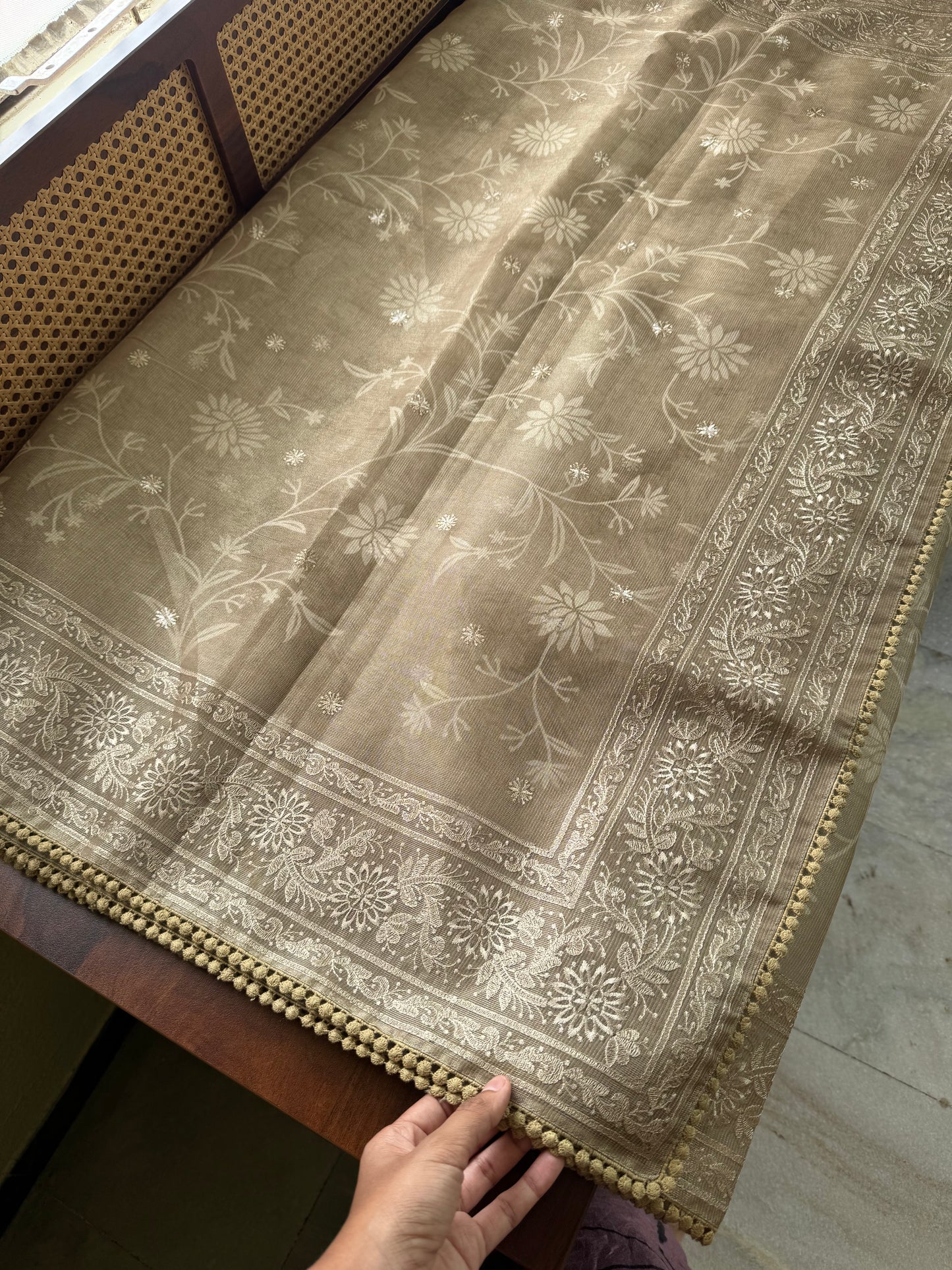 Premium Tissue Linen Sarees - Metallic Henna Green