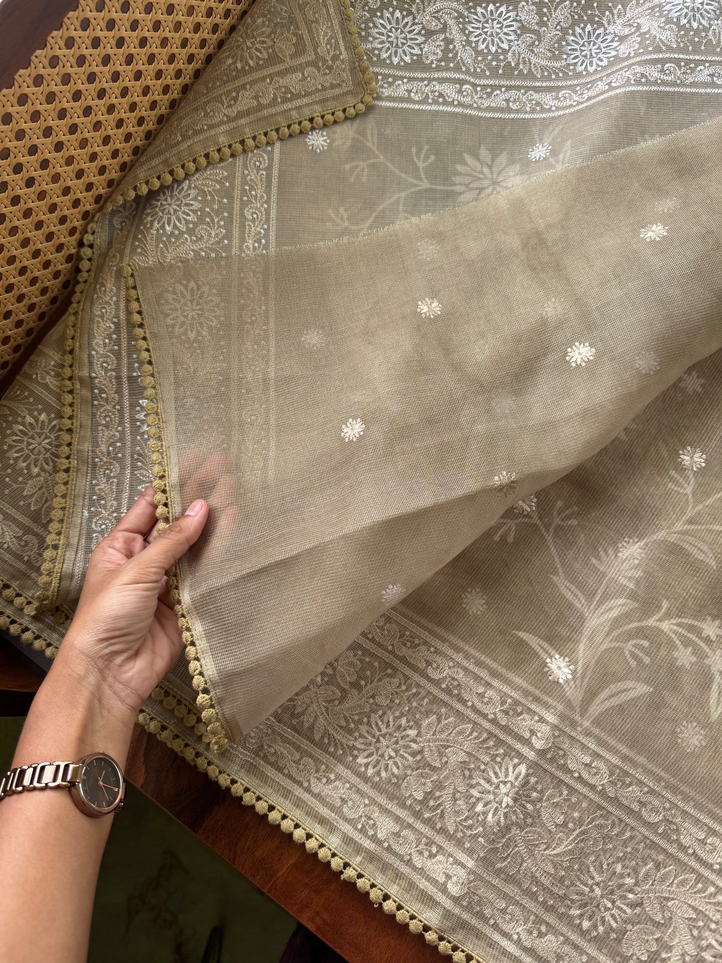 Premium Tissue Linen Sarees - Metallic Henna Green
