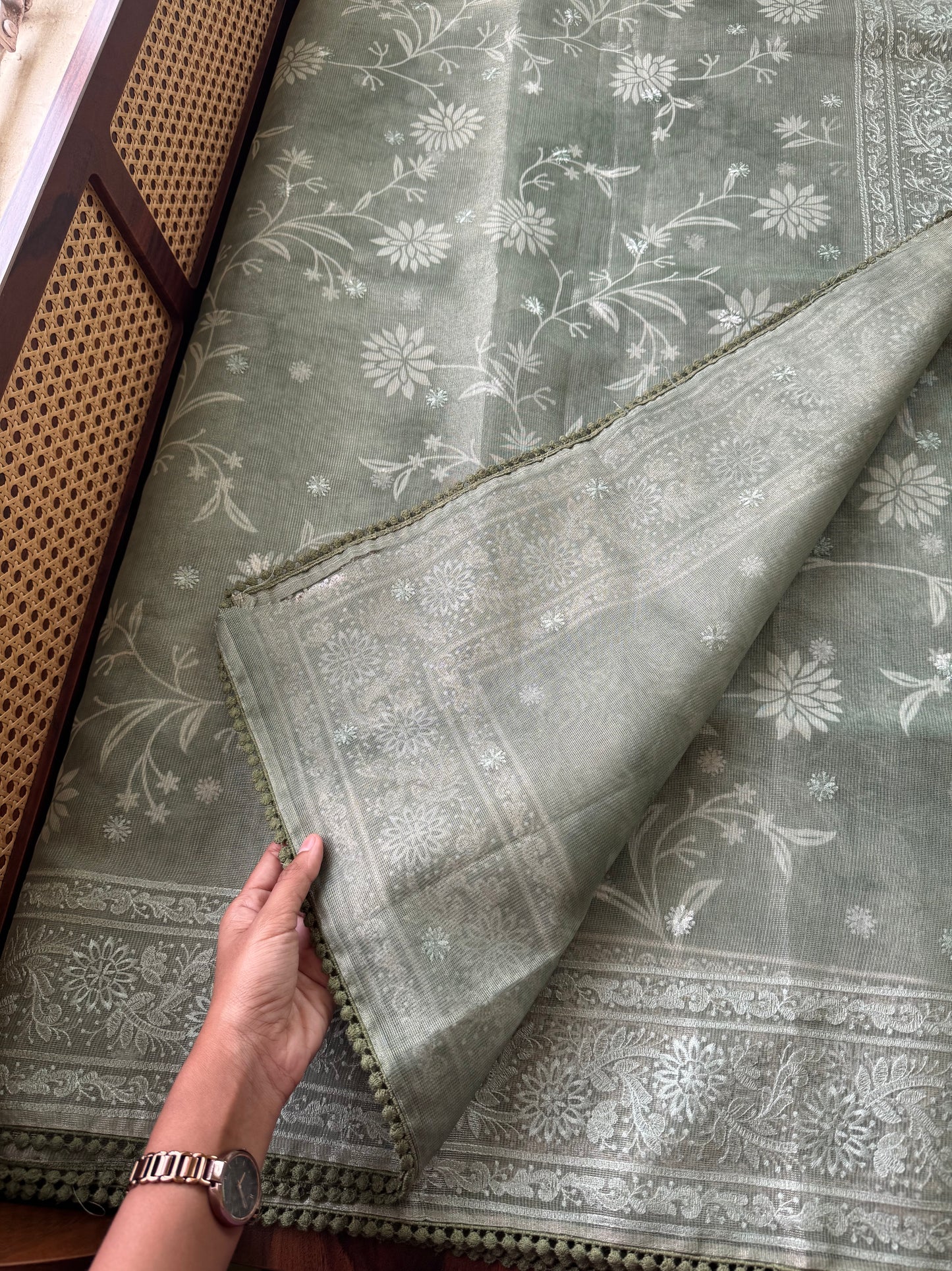 Premium Tissue Linen Sarees - Metallic Green