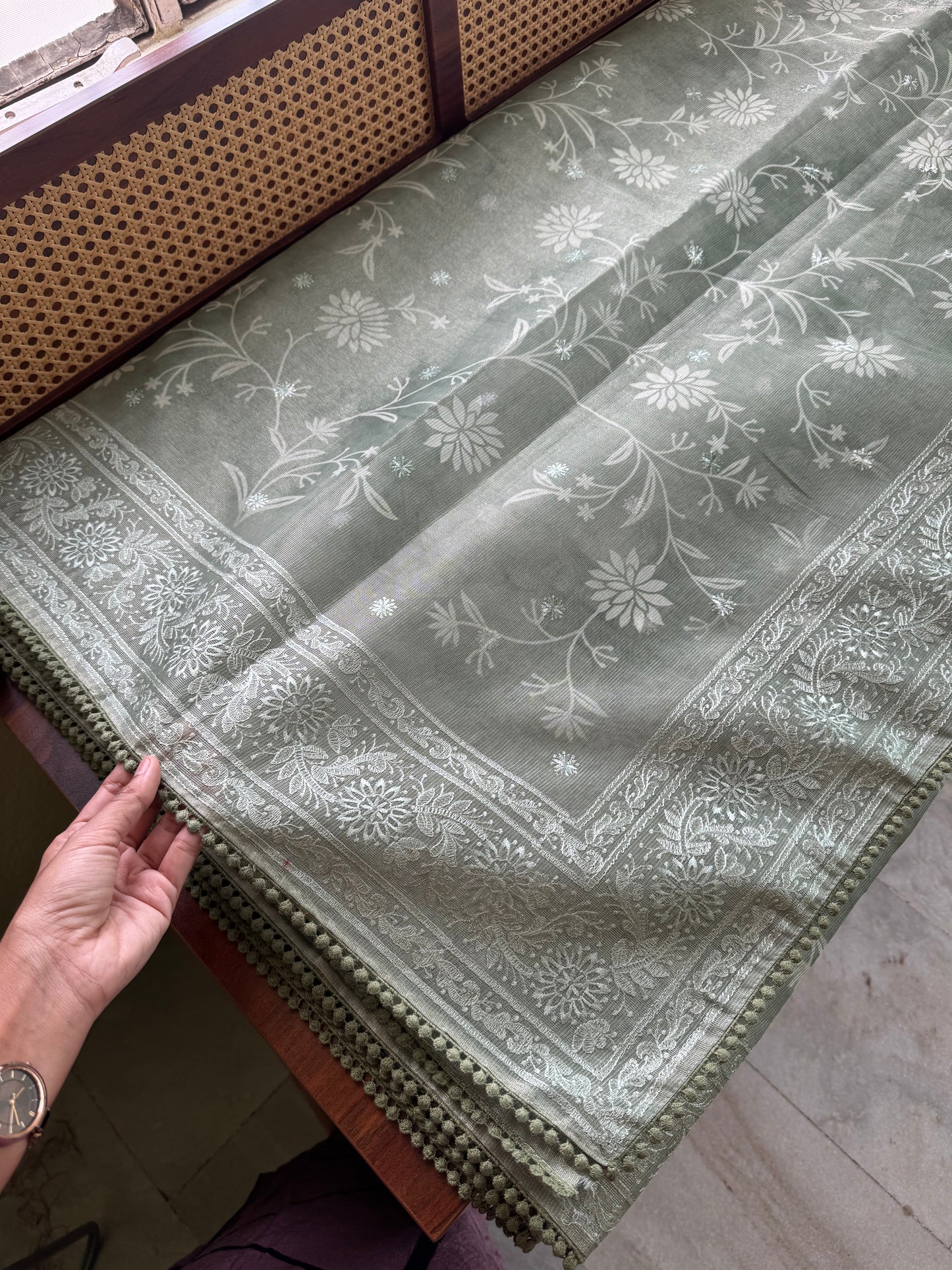 Premium Tissue Linen Sarees - Metallic Green