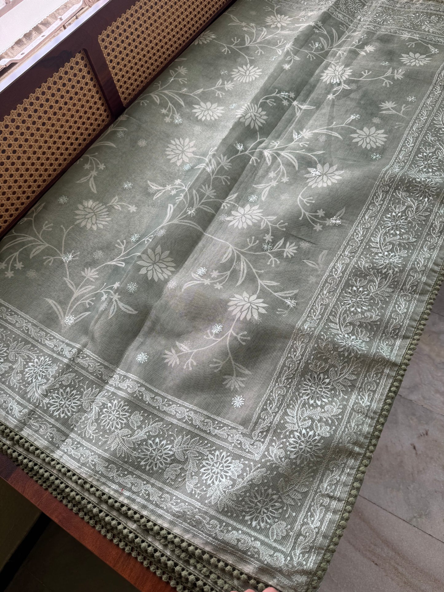Premium Tissue Linen Sarees - Metallic Green