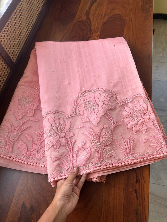 Tussar Blend Applique Saree - Peach