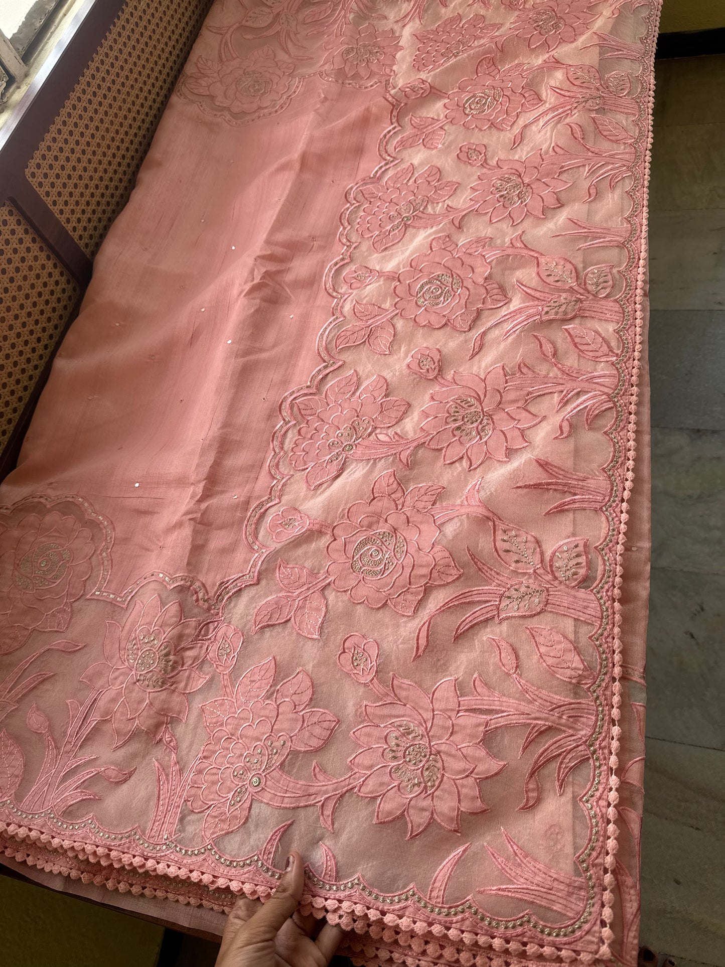 Tussar Blend Applique Saree - Peach