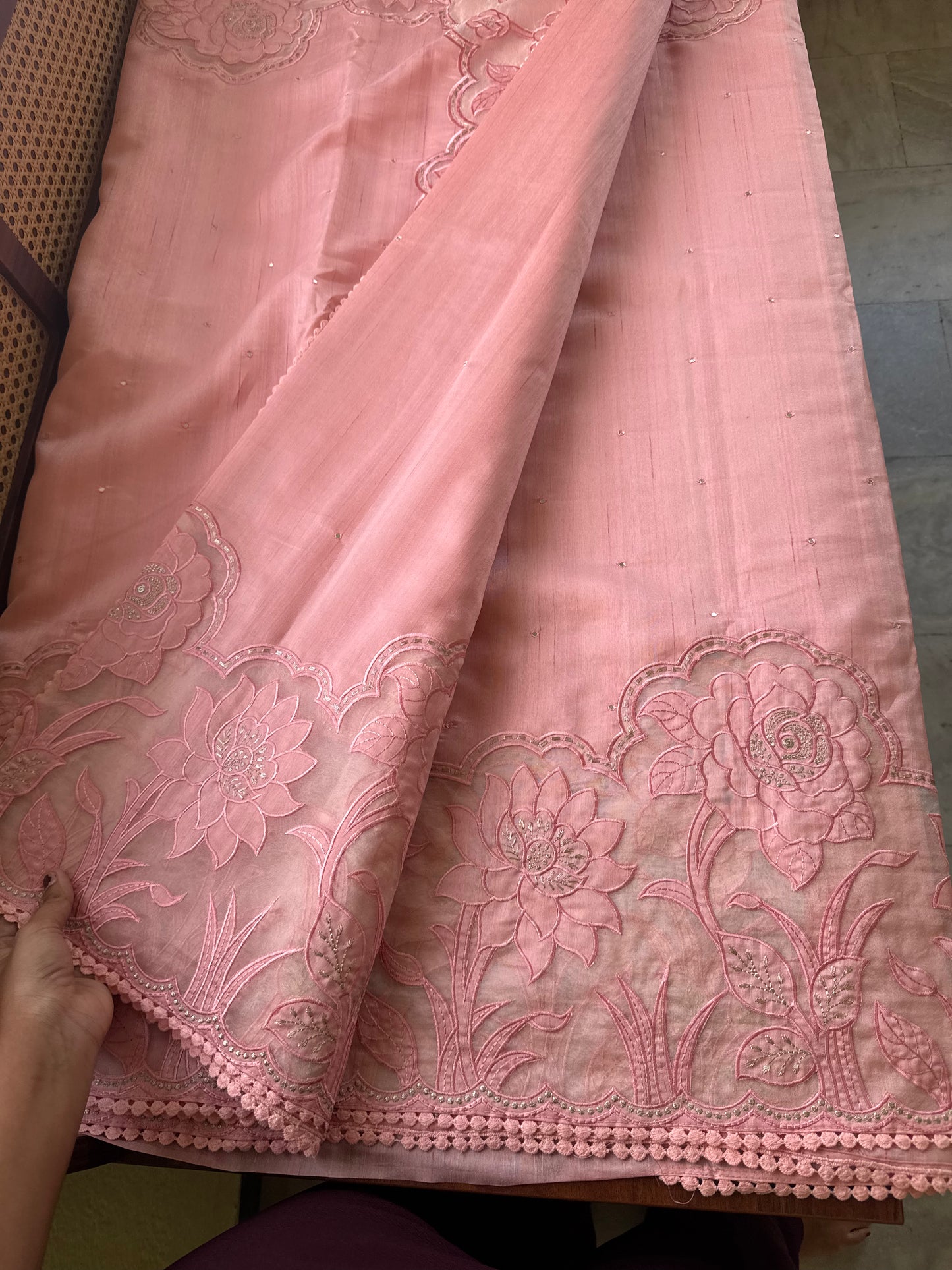 Tussar Blend Applique Saree - Peach