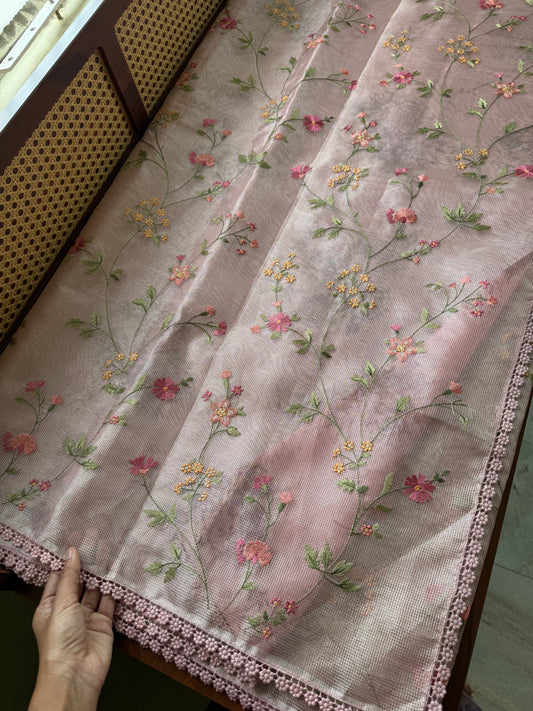 Floral Tissue Saree - Metallic Pink