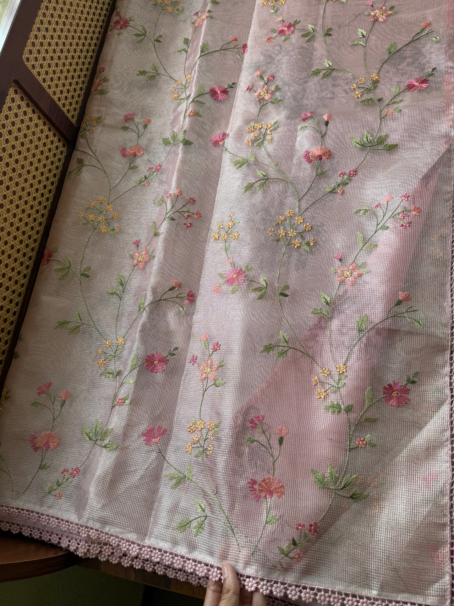 Floral Tissue Saree - Metallic Pink