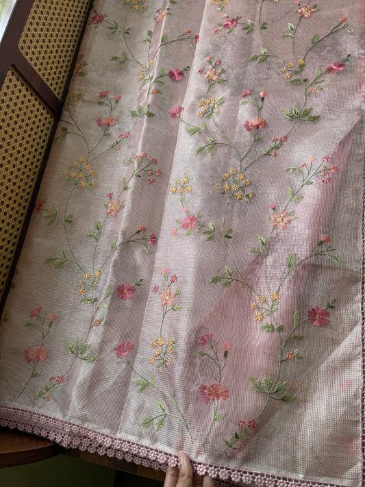 Floral Tissue Saree - Metallic Pink