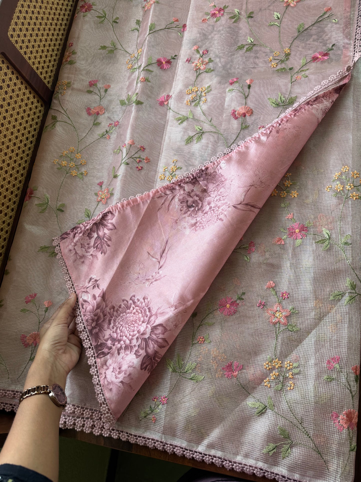 Floral Tissue Saree - Metallic Pink