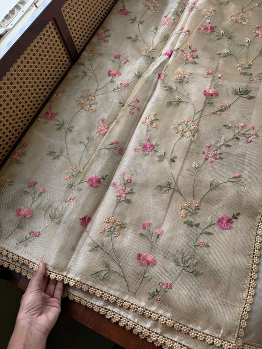 Floral Tissue Saree - Golden Yellow
