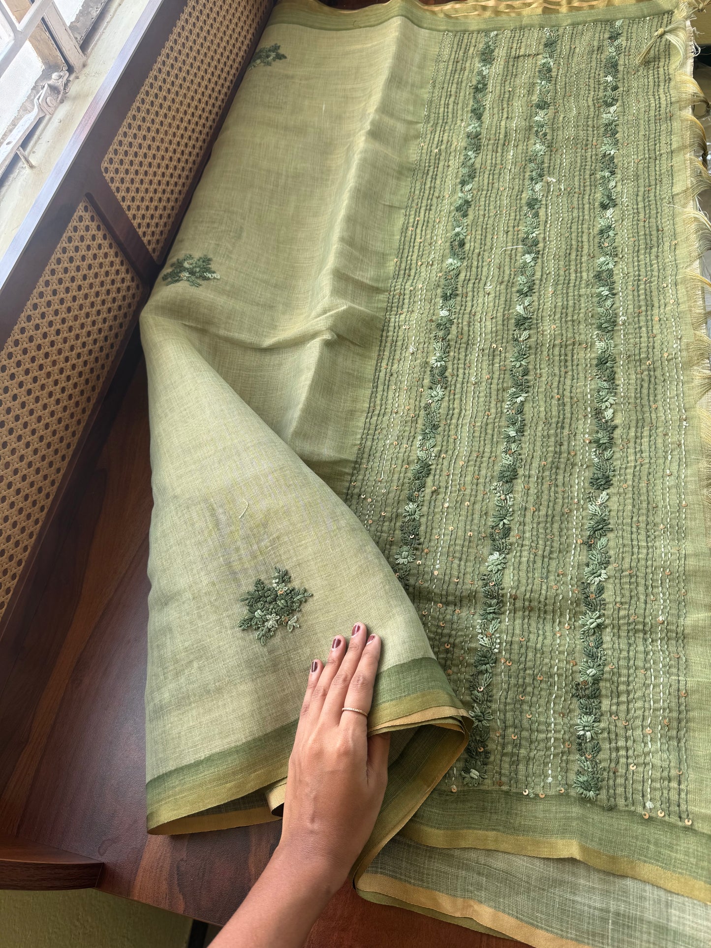 Premium Tissue Linen Saree with heavy blouse  -Green