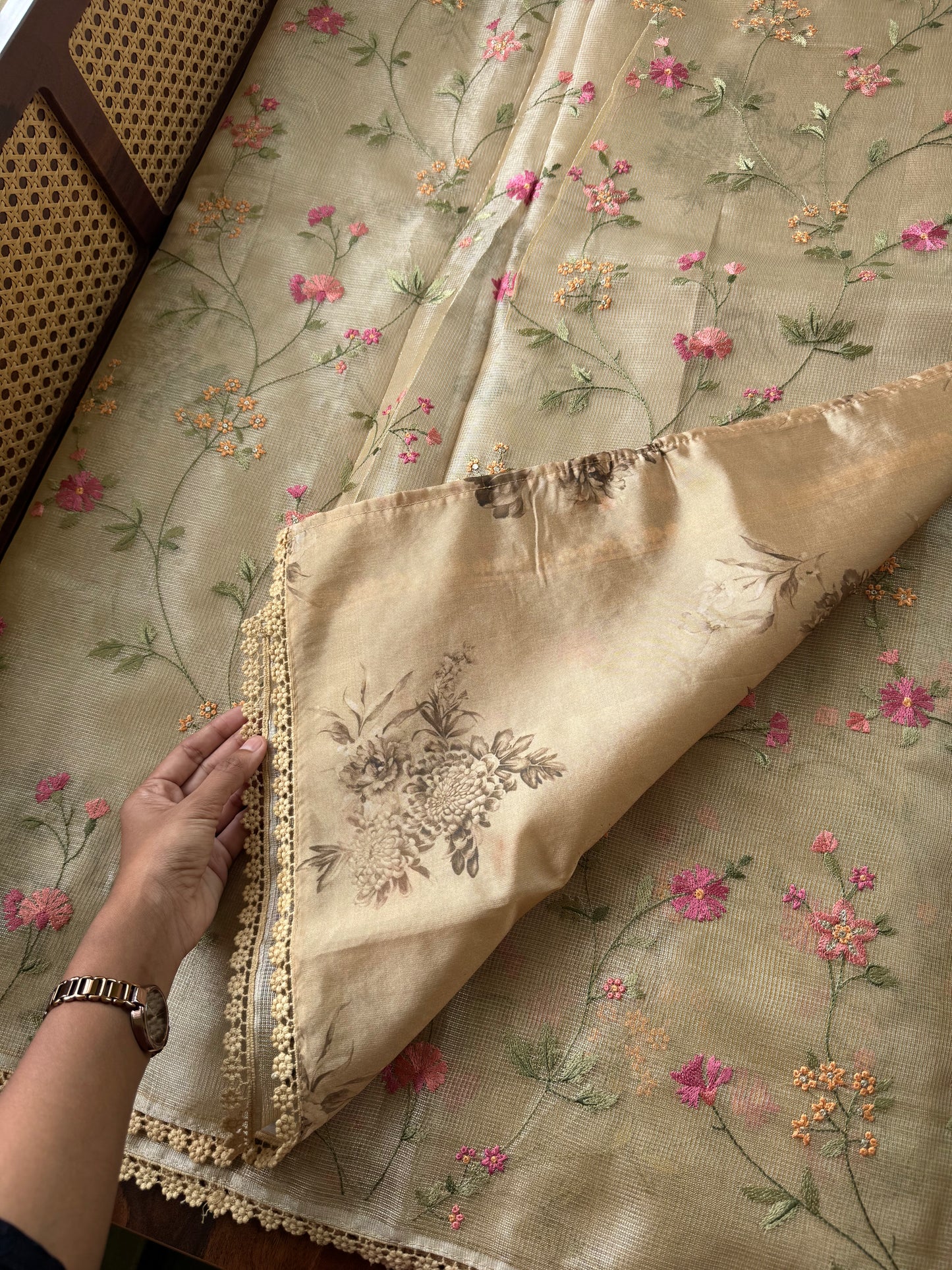 Floral Tissue Saree - Golden Yellow