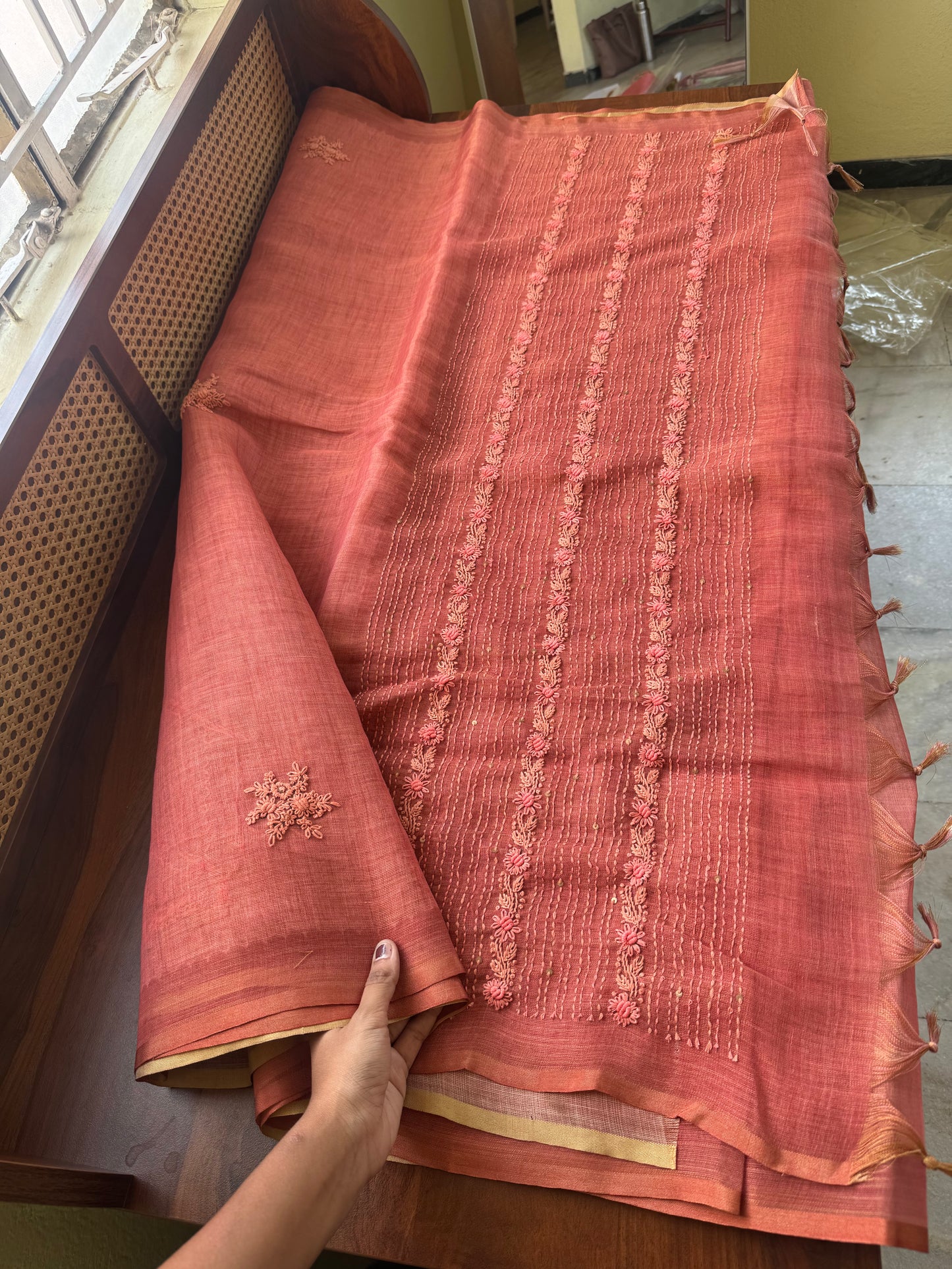 Premium Tissue Linen Saree with heavy blouse  -Peach