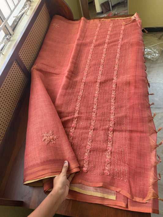 Premium Tissue Linen Saree with heavy blouse  -Peach