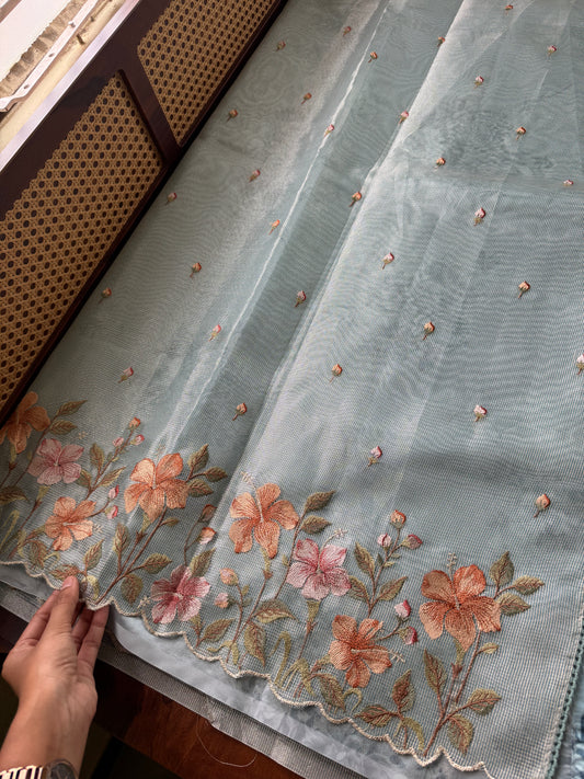 Floral Tissue Saree - Blue