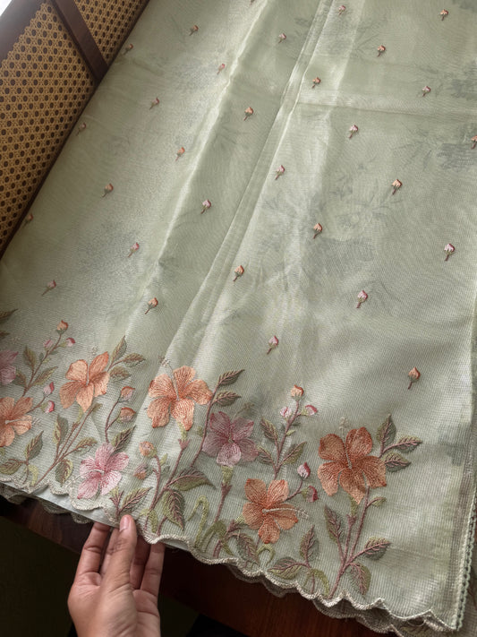 Floral Tissue Saree - Pastel Green