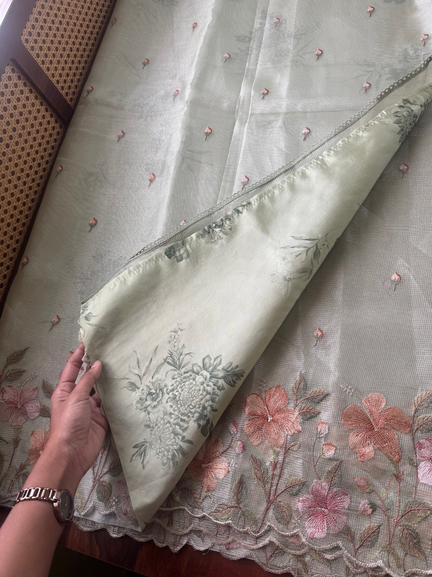 Floral Tissue Saree - Pastel Green