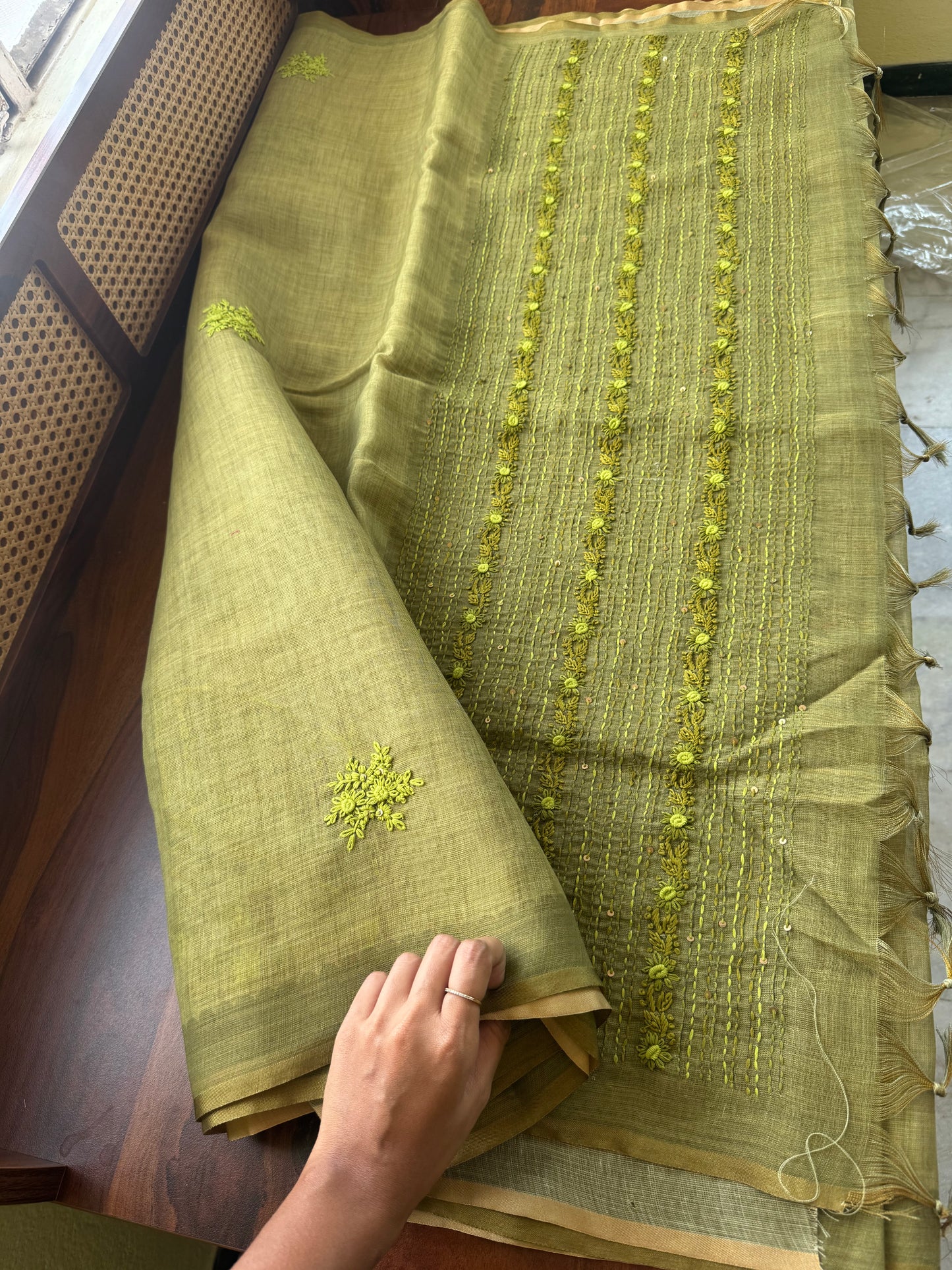Premium Tissue Linen Saree with heavy blouse  -Bright Green