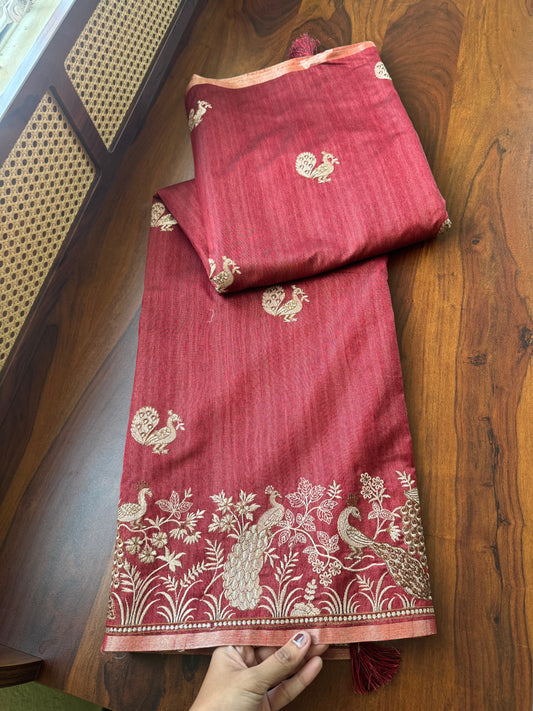 Embroidered Tussar Blend - Maroon