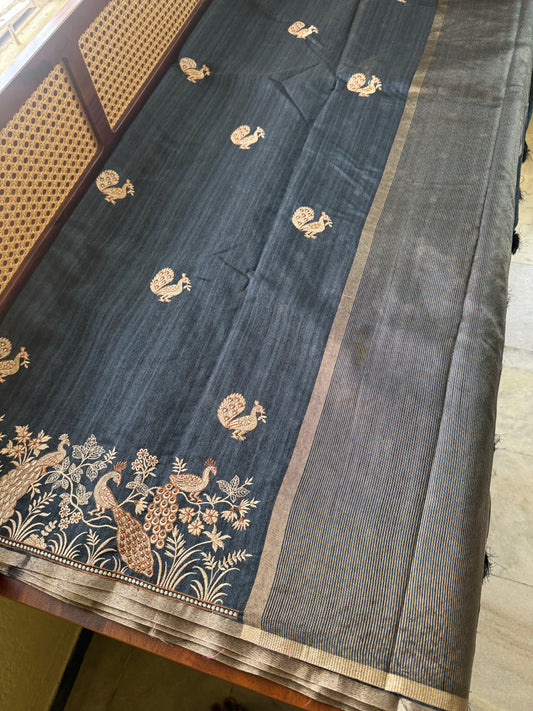 Embroidered Tussar Blend - Blue