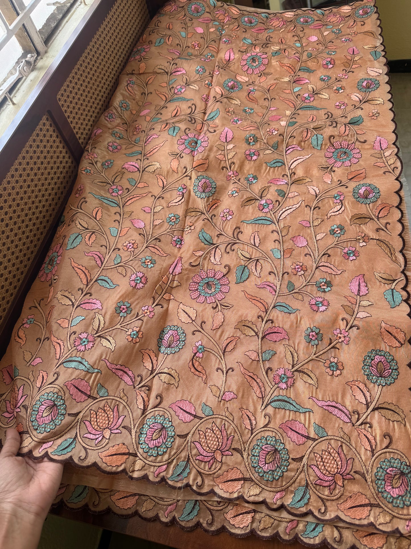 Embroidered Crush Organza Saree - Peach