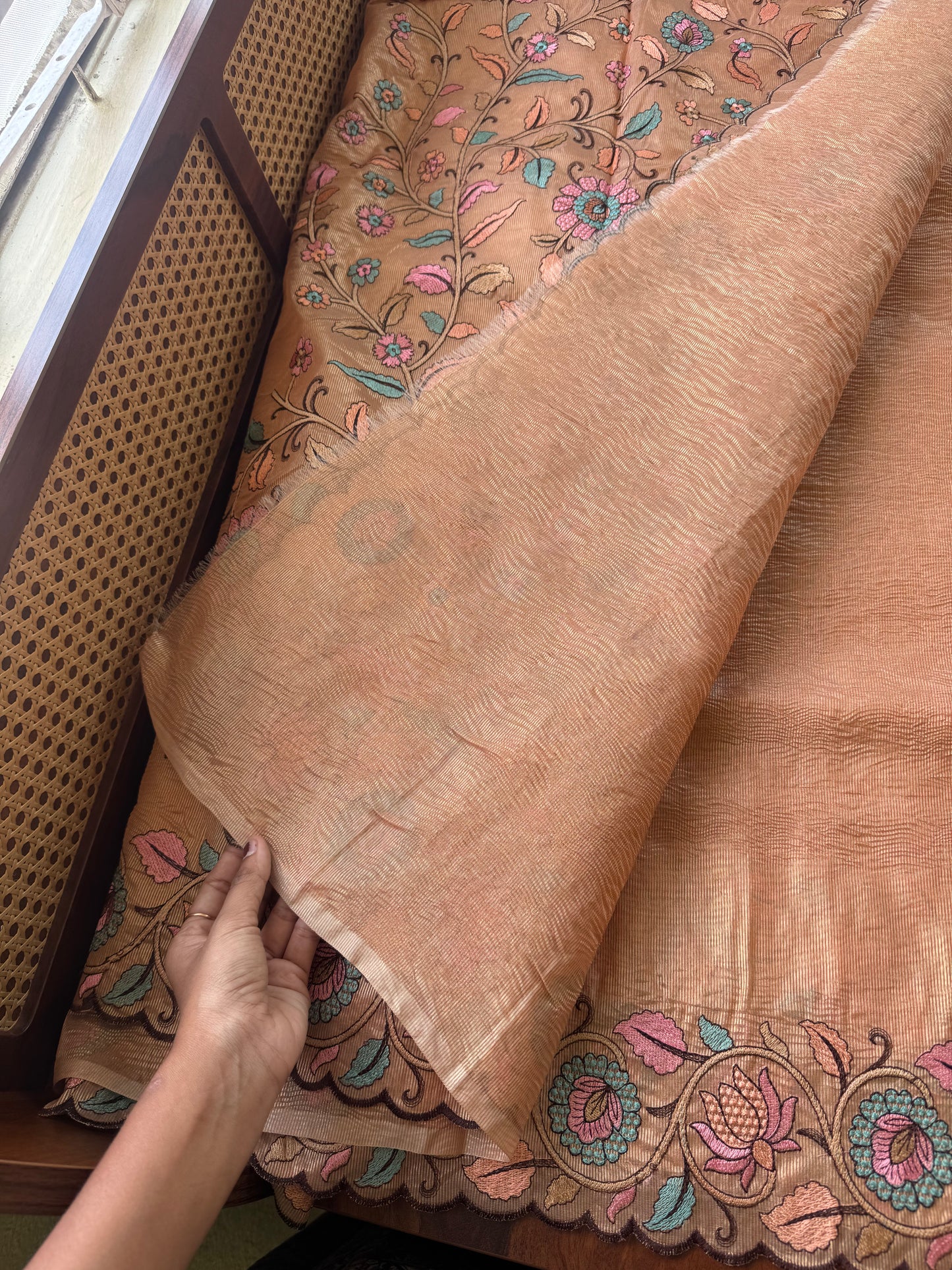Embroidered Crush Organza Saree - Peach