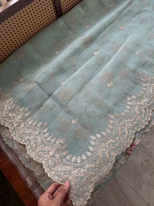 Tissue Organza Saree with pita work - Pastel Blue