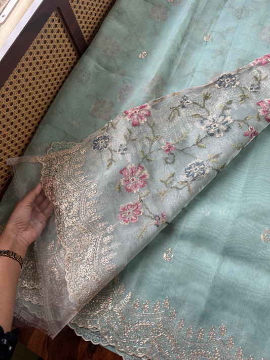 Tissue Organza Saree with pita work - Pastel Blue
