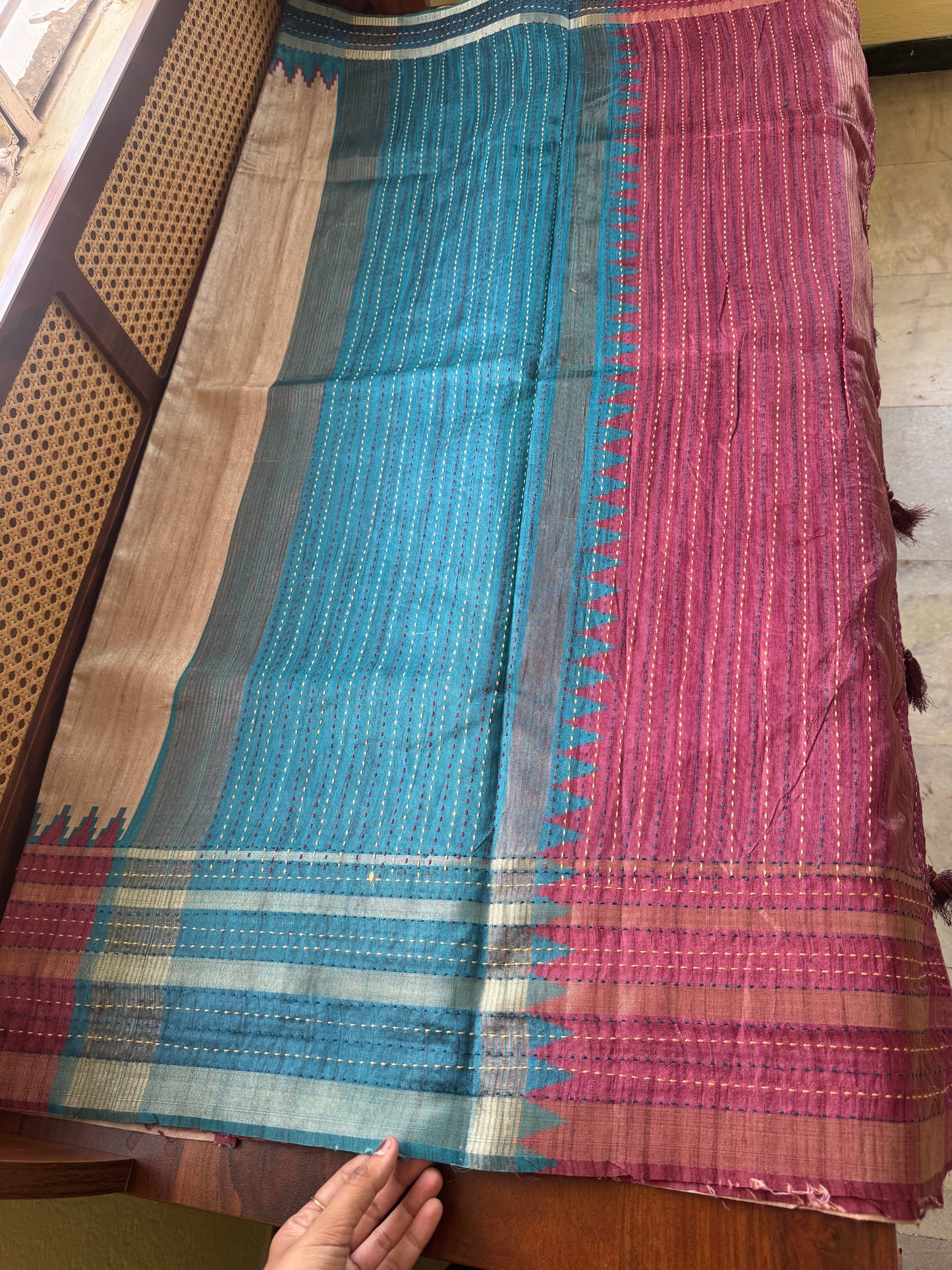 Embroidered Tussar Blend - Half White & Blue Pink