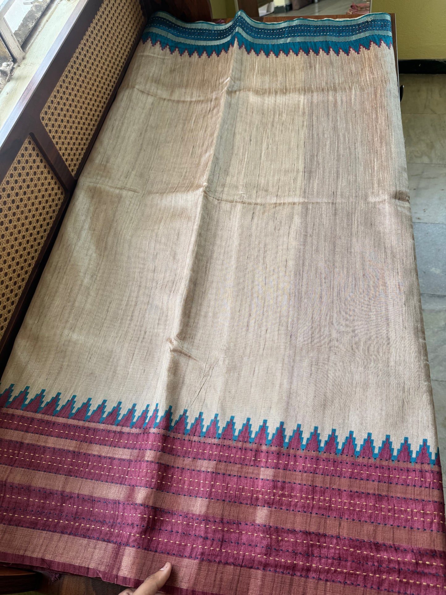 Embroidered Tussar Blend - Half White & Blue Pink