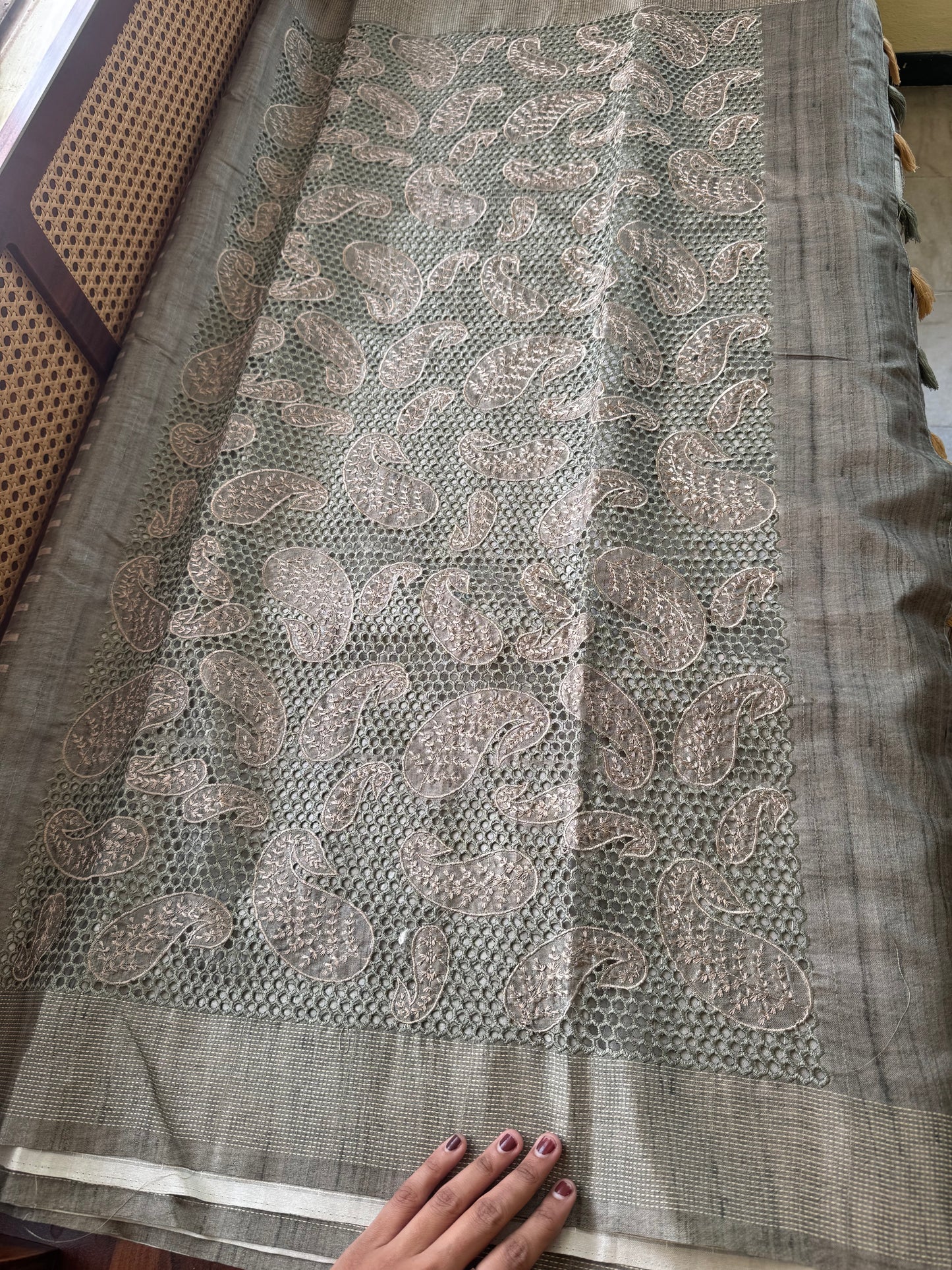 Cutwork Tussar Blend -Beige & Green