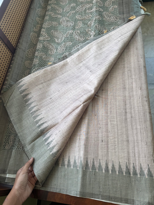 Cutwork Tussar Blend -Beige & Green