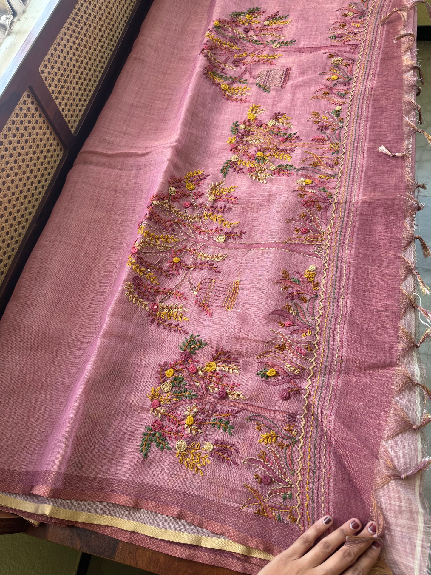 Premium Tissue Linen Saree with heavy blouse  - Pink