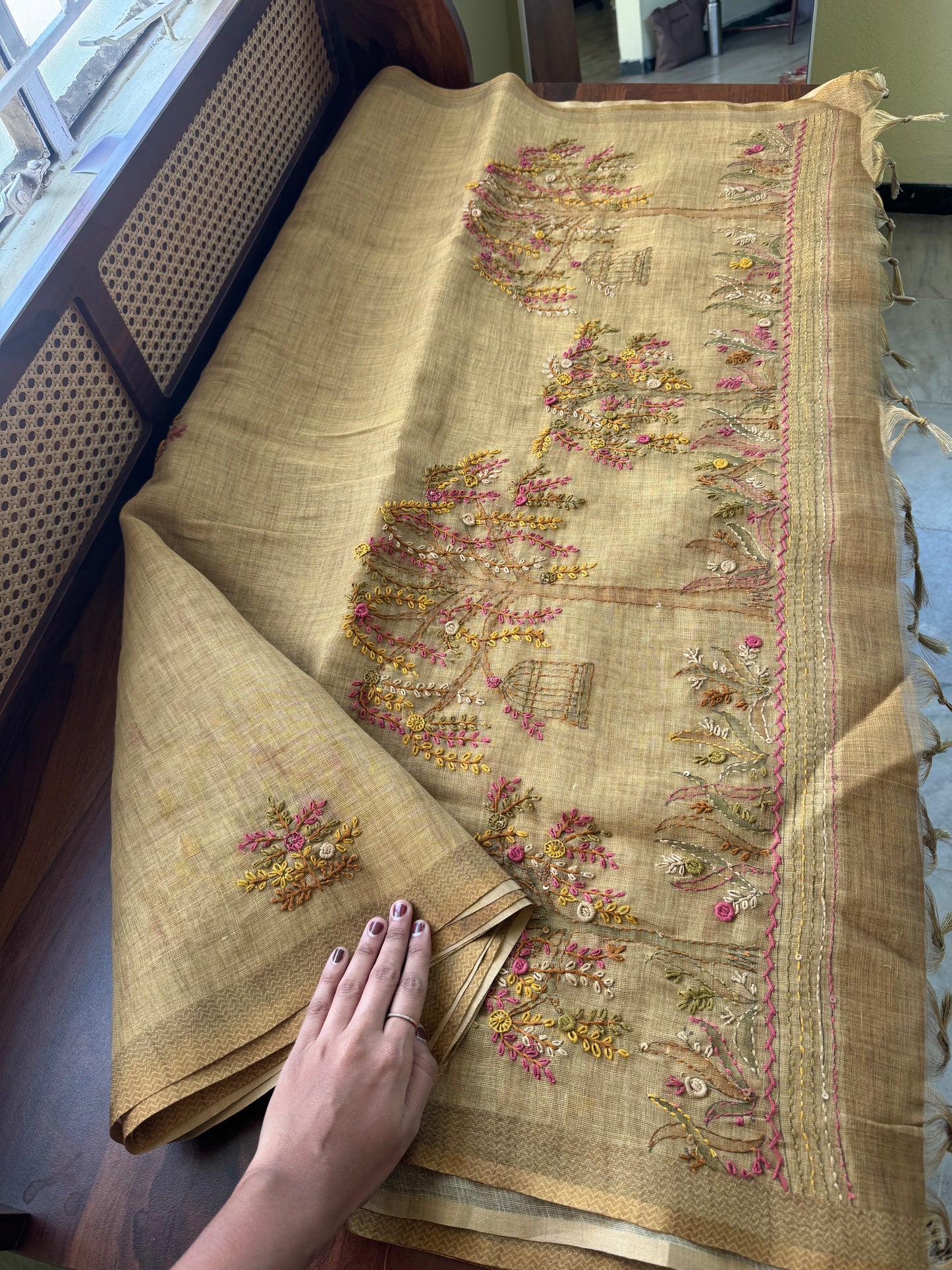 Premium Tissue Linen Saree with heavy blouse  - Henna Green