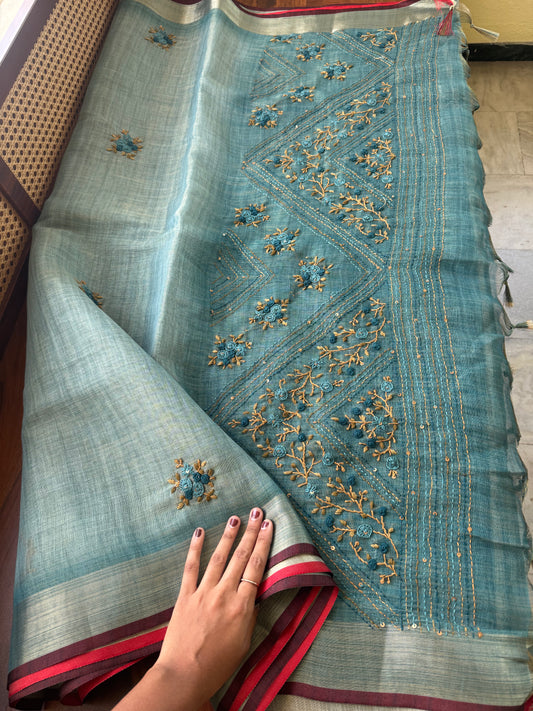 Premium Tissue Linen Sarees - Blue