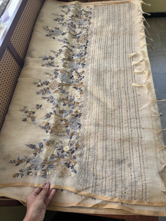 Premium Tissue Linen Sarees with heavy blouse - Beige & Grey