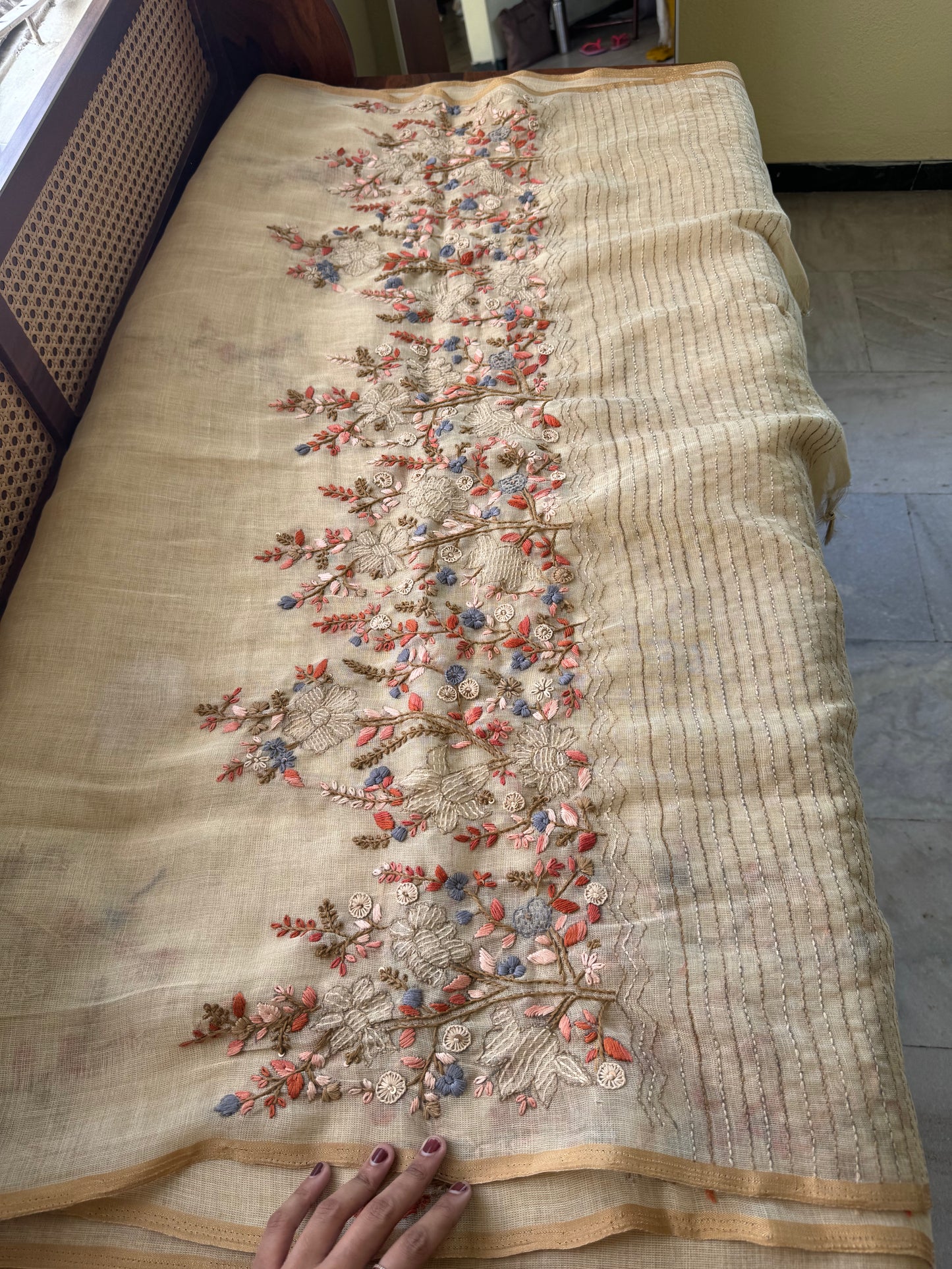 Premium Tissue Linen Sarees with heavy blouse - Beige & Orange