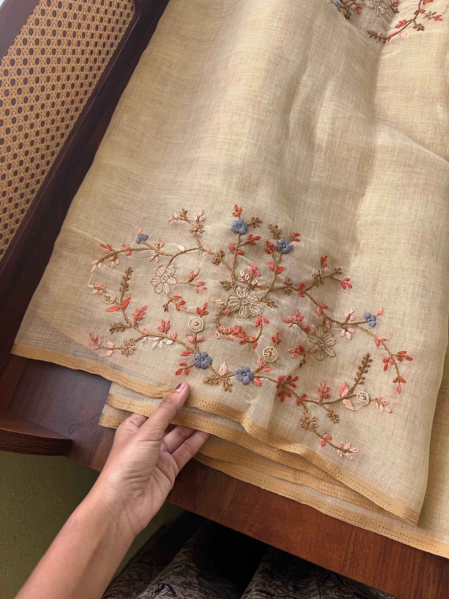 Premium Tissue Linen Sarees with heavy blouse - Beige & Orange