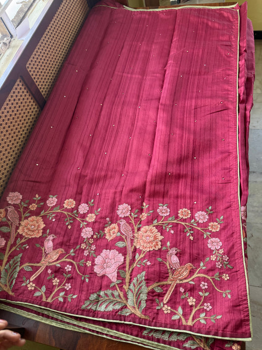 Embroidered Tussar Blend - Maroon
