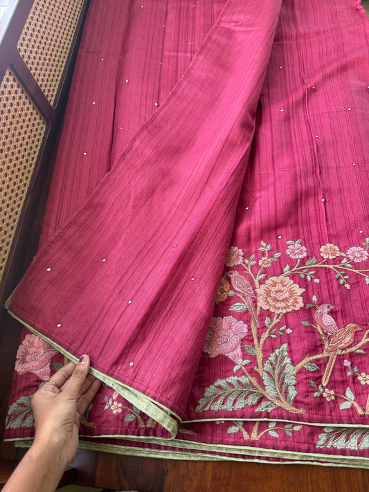 Embroidered Tussar Blend - Maroon