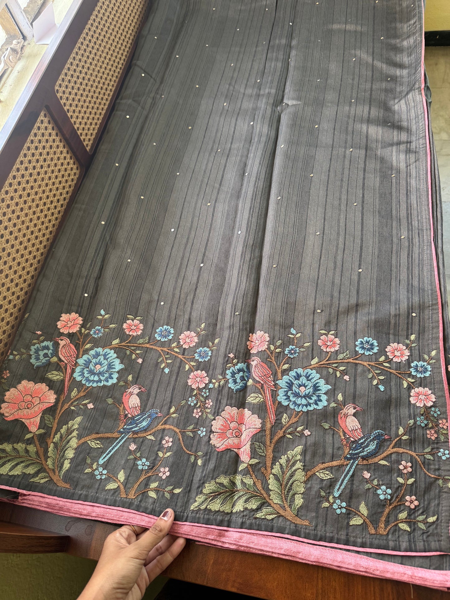 Embroidered Tussar Blend - Grey