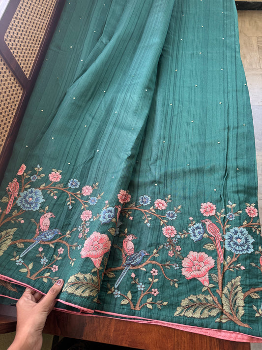 Embroidered Tussar Blend - Green